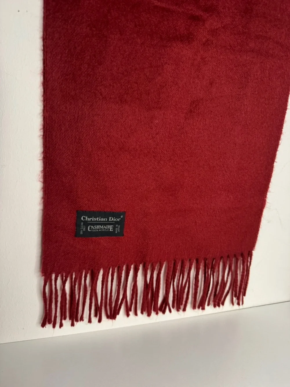 Christian Dior Red Fringed Acrylic Scarf Vintage Logo Made in Japan